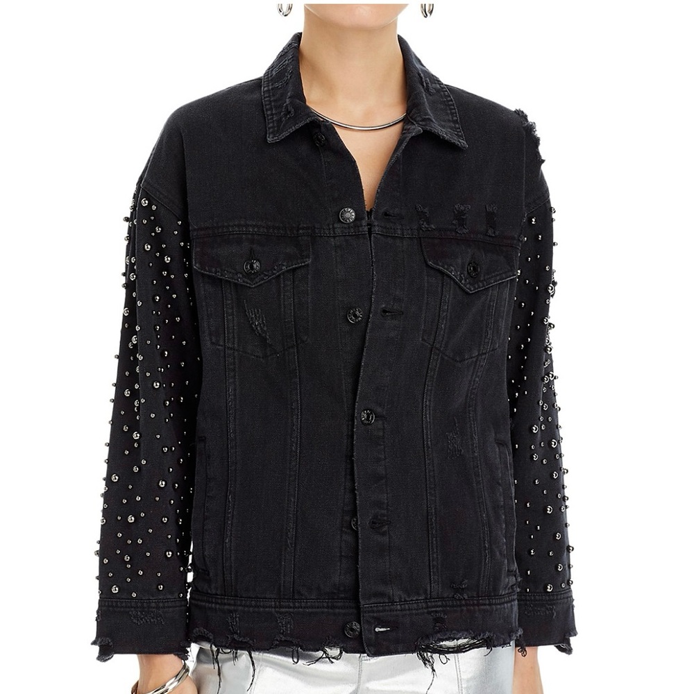 Sunset & Spring Pearl Embellished Distressed Denim Jacket